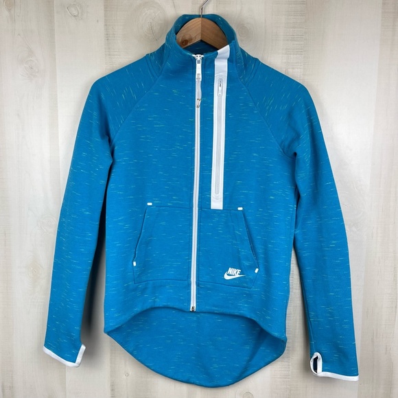 Nike Tech Fleece Women’s Full Zip Moto Jacket Running Cape Hi-Lo Blue Sz XS - Picture 1 of 16
